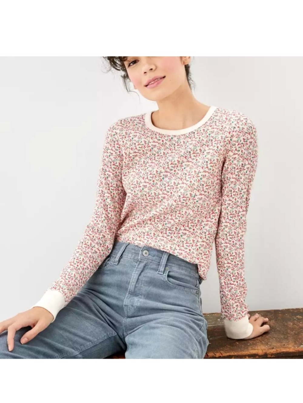American Eagle Outfitters Floral Long-Sleeve Thermal Top Cottagecore Coquette